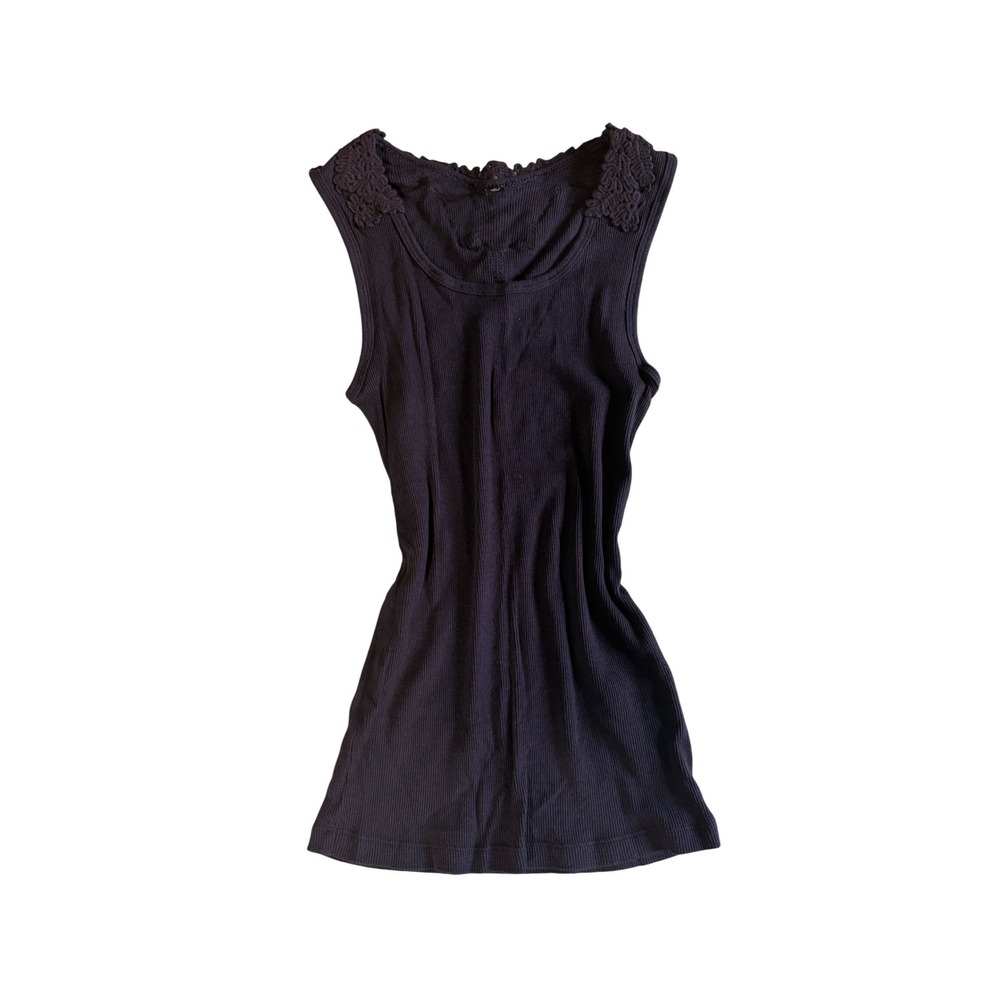 UNIQLO Crochet Embroidered Rib Tank Top XS Black Indie Sleaze Whimsigoth Witchy